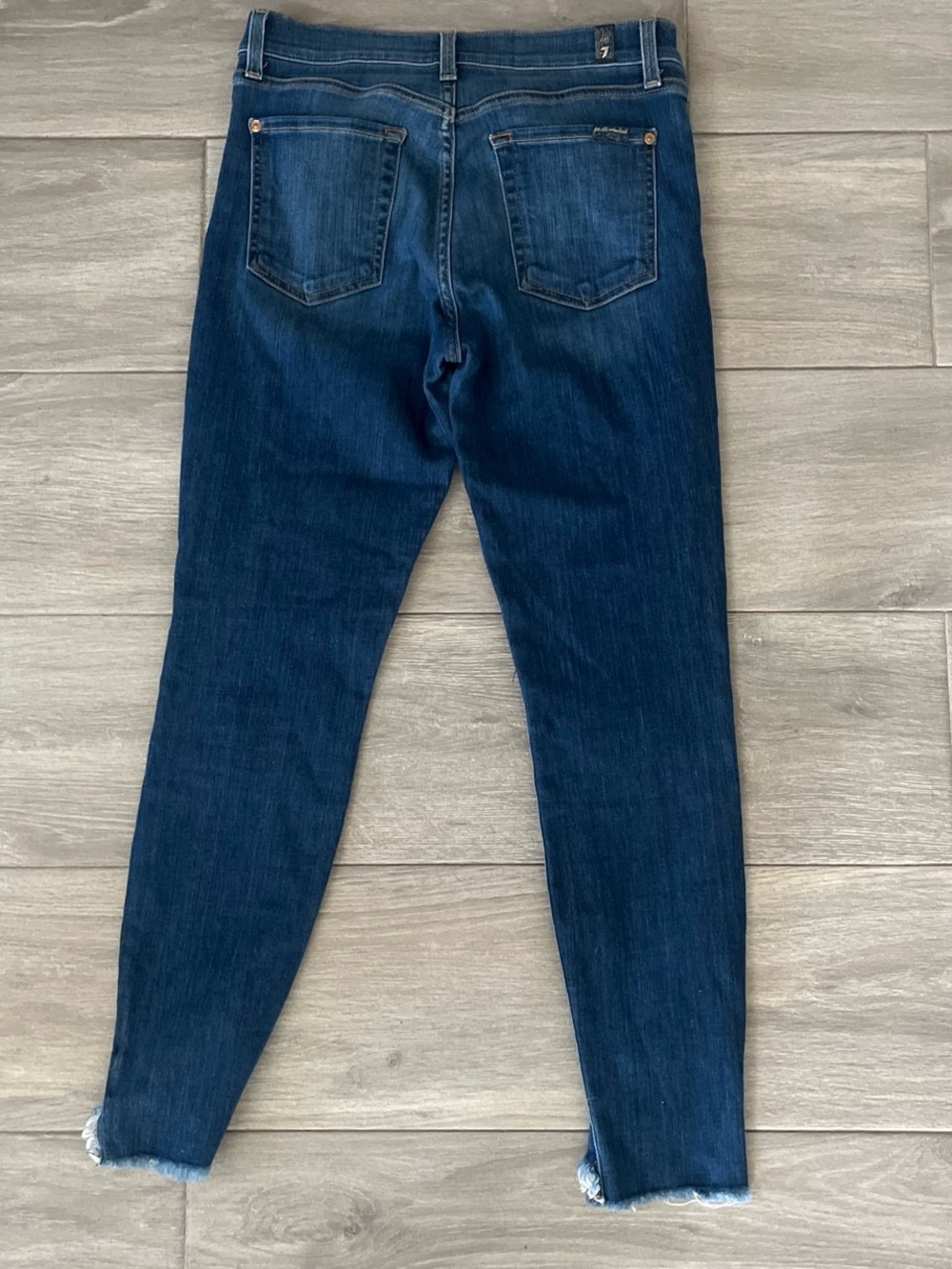 7 For All Mankind Dark Blue Skinny Jeans with Frayed Hem - Picture 3 of 5